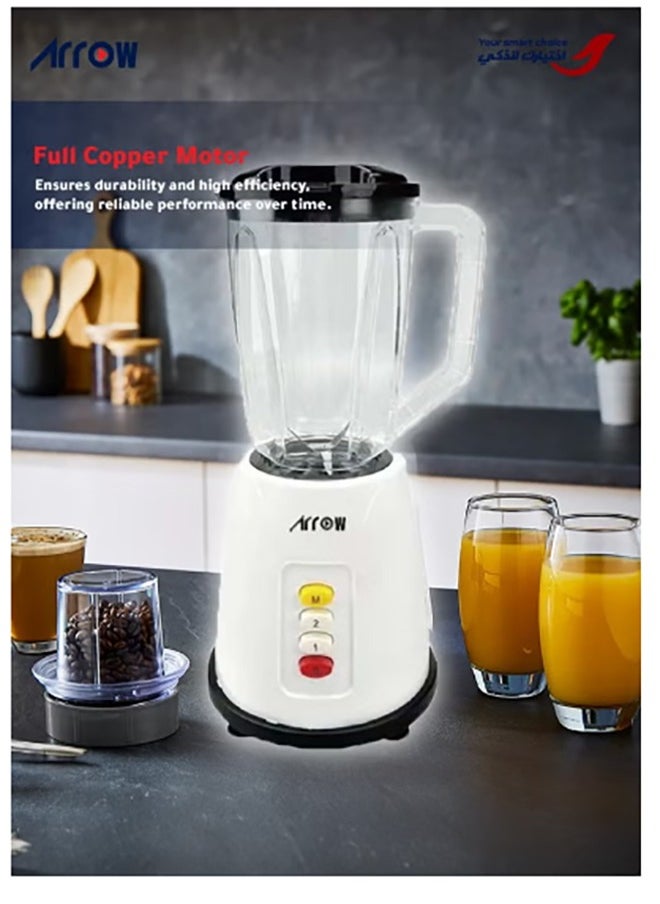Blender 1.5L with Plastic Jar & Grinder, 400W | 2 Speeds | Special Features | Portable | White Color | Ideal for Blending & Grinding | RO-15PBSY