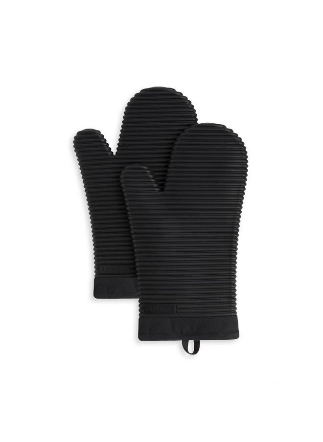 KitchenAid KITCHENAID Ribbed Soft Silicone Oven Mitt 2-Pack Set, Matte Black, 7.5"x13"  - Image 1