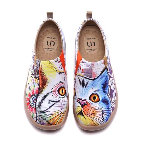UIN Women's Lightweight Sneakers Comfortable Canvas Slip On Flat Art Painted Cat Travel Shoes Cheer Up (39) - Image 1