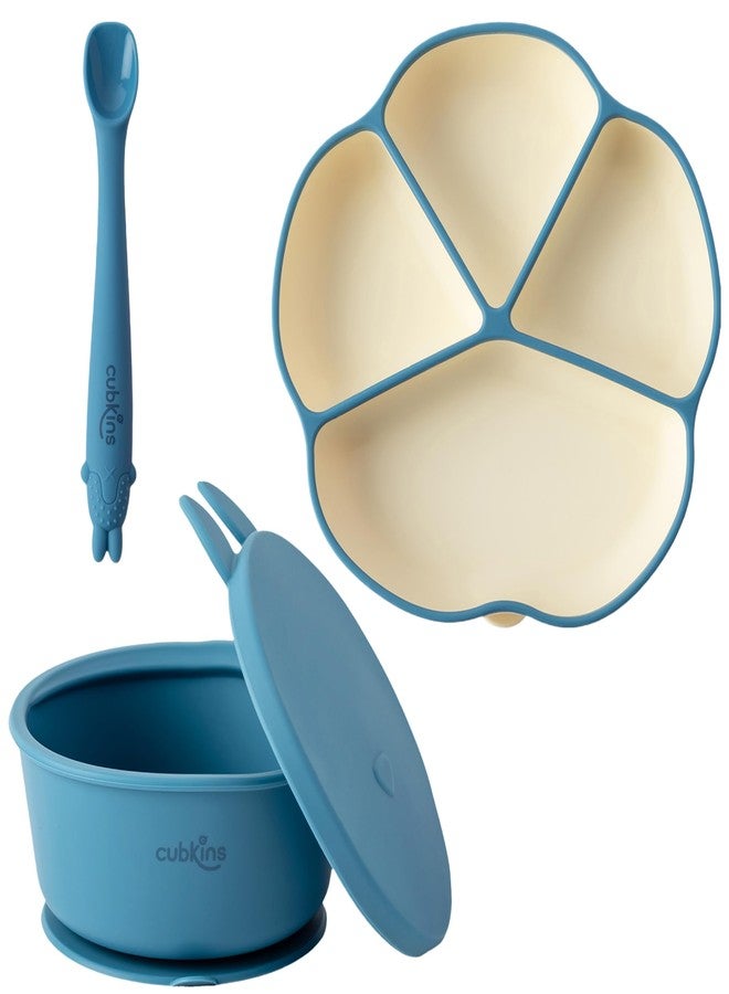 Cubkins Silicone Suction Plate, Bowl with Lid and Early Feeding Bendable Spoon Set of 3 for Baby Feeding | BPA Free, Washable and Reusable Feeding Set for Babies & Toddler (Blue Olive) - Image 1