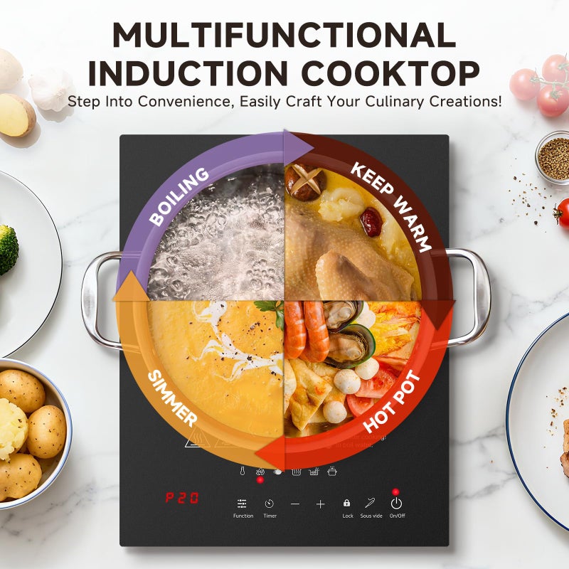 AMZCHEF Portable-Induction-Cooktop: 74 Temperature Levels Induction Burner with Digital Probe, 1800W Countertop Burner with 20 Power Levels, 6.5" Heating Coil, Low Noise Electric Cooktops with Timer - Image 5