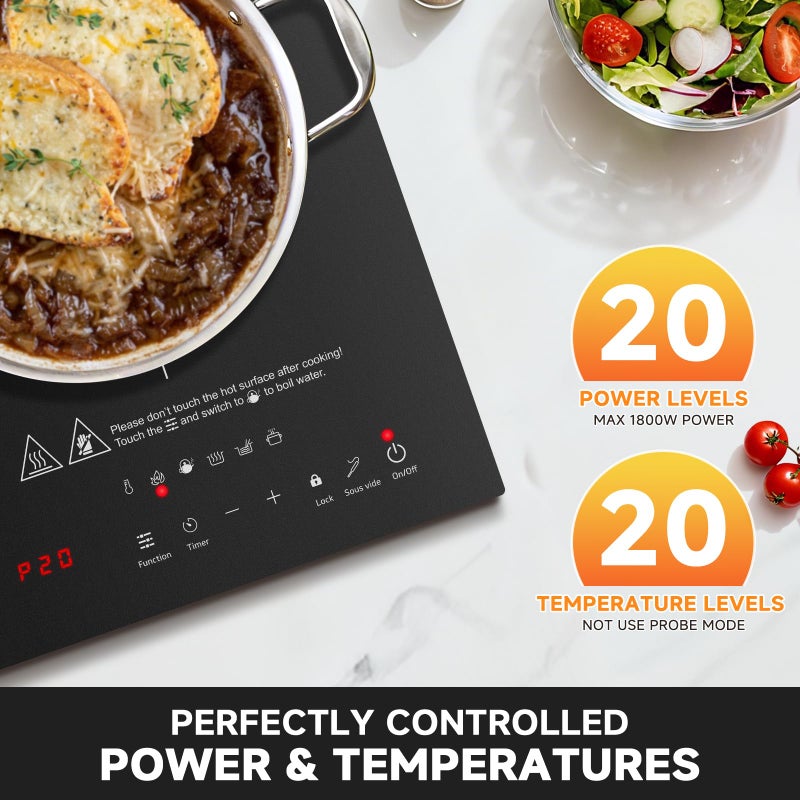 AMZCHEF Portable-Induction-Cooktop: 74 Temperature Levels Induction Burner with Digital Probe, 1800W Countertop Burner with 20 Power Levels, 6.5" Heating Coil, Low Noise Electric Cooktops with Timer - Image 4