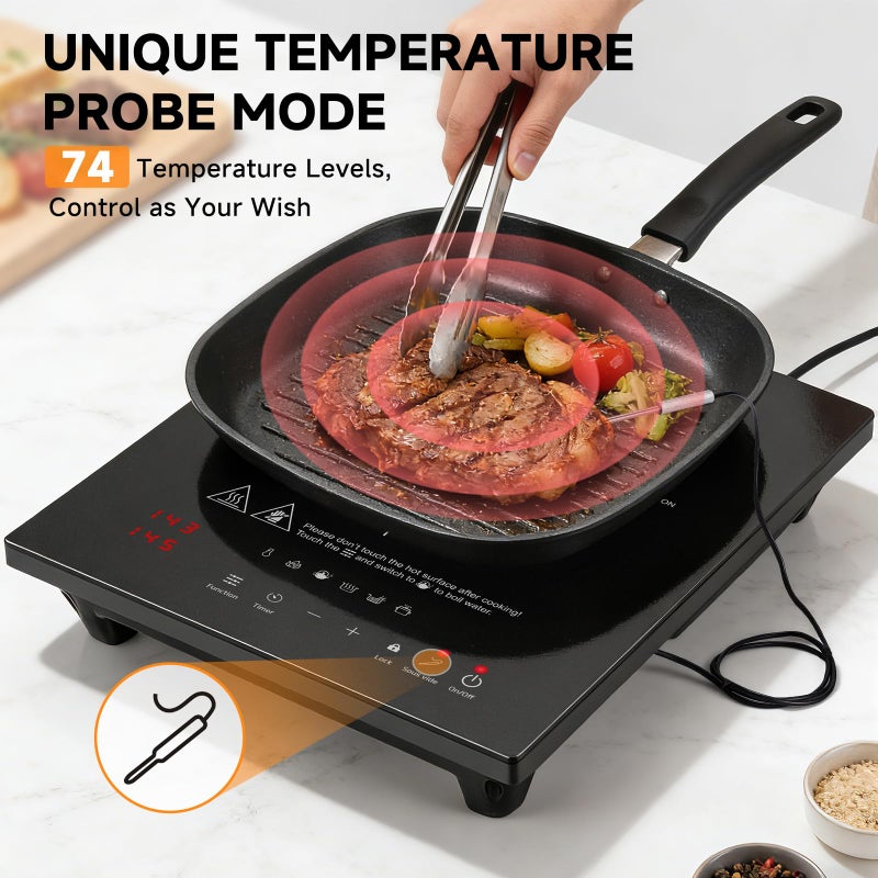 AMZCHEF Portable-Induction-Cooktop: 74 Temperature Levels Induction Burner with Digital Probe, 1800W Countertop Burner with 20 Power Levels, 6.5" Heating Coil, Low Noise Electric Cooktops with Timer - Image 2