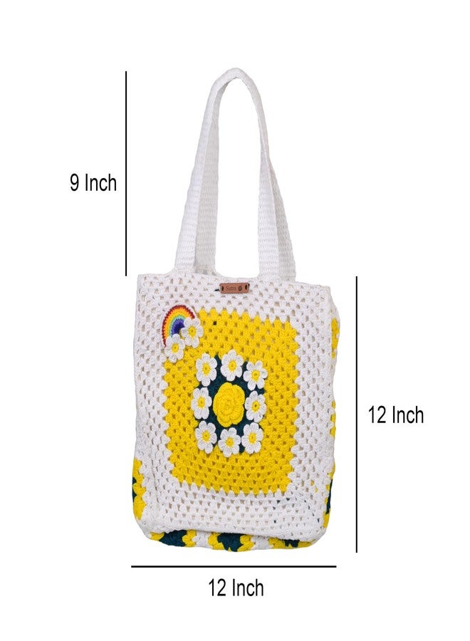 Sutra Handmade Wool Crochet White Yellow Floral Tote Bag | Boho Shoulder Purse | Eco-Friendly Reusable Tote Bag | Summer Beach Handbag for Women Girls - Image 2