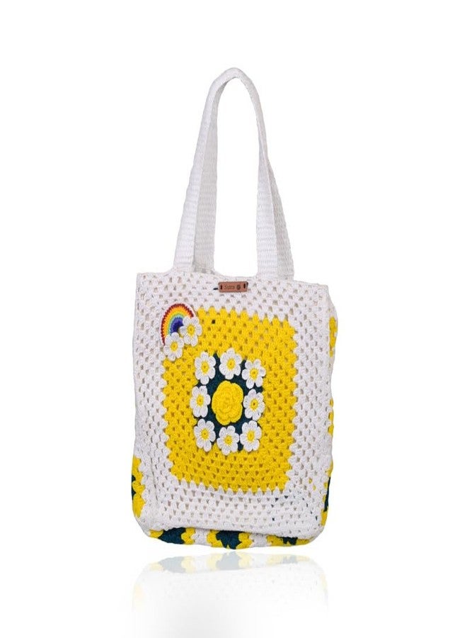 Sutra Handmade Wool Crochet White Yellow Floral Tote Bag | Boho Shoulder Purse | Eco-Friendly Reusable Tote Bag | Summer Beach Handbag for Women Girls - Image 1