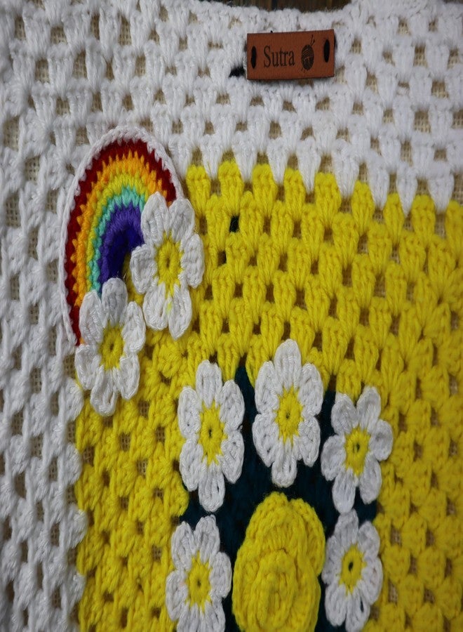 Sutra Handmade Wool Crochet White Yellow Floral Tote Bag | Boho Shoulder Purse | Eco-Friendly Reusable Tote Bag | Summer Beach Handbag for Women Girls - Image 4