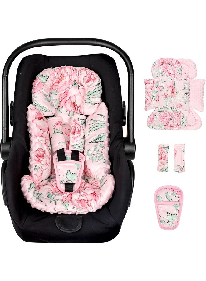 DILIMI Infant Car Seat Insert, Baby Head & Body Support with 3 Strap Paddings, Soft Newborn Car Seat Cushion for Stroller, Swing, Bouncers, Pink Flower - Image 1