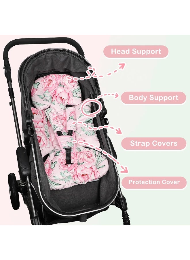 DILIMI Infant Car Seat Insert, Baby Head & Body Support with 3 Strap Paddings, Soft Newborn Car Seat Cushion for Stroller, Swing, Bouncers, Pink Flower - Image 4