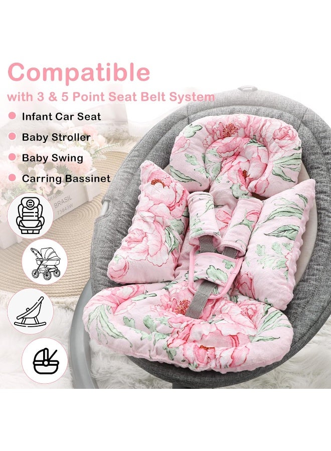 DILIMI Infant Car Seat Insert, Baby Head & Body Support with 3 Strap Paddings, Soft Newborn Car Seat Cushion for Stroller, Swing, Bouncers, Pink Flower - Image 5