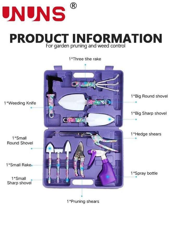UNUNS مجموعة أدوات الحديقة، 10 قطع أدوات البستنة مع طباعة زهور بنفسجية، صندوق تخزين مجموعة أدوات يدوي من سبائك الألمنيوم، أداة خارجية، مجرفة ذات مقبض مريح، أشعل، مقص، للنساء والرجال - Image 5