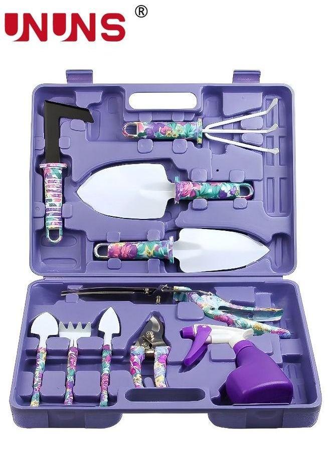 UNUNS مجموعة أدوات الحديقة، 10 قطع أدوات البستنة مع طباعة زهور بنفسجية، صندوق تخزين مجموعة أدوات يدوي من سبائك الألمنيوم، أداة خارجية، مجرفة ذات مقبض مريح، أشعل، مقص، للنساء والرجال - Image 1