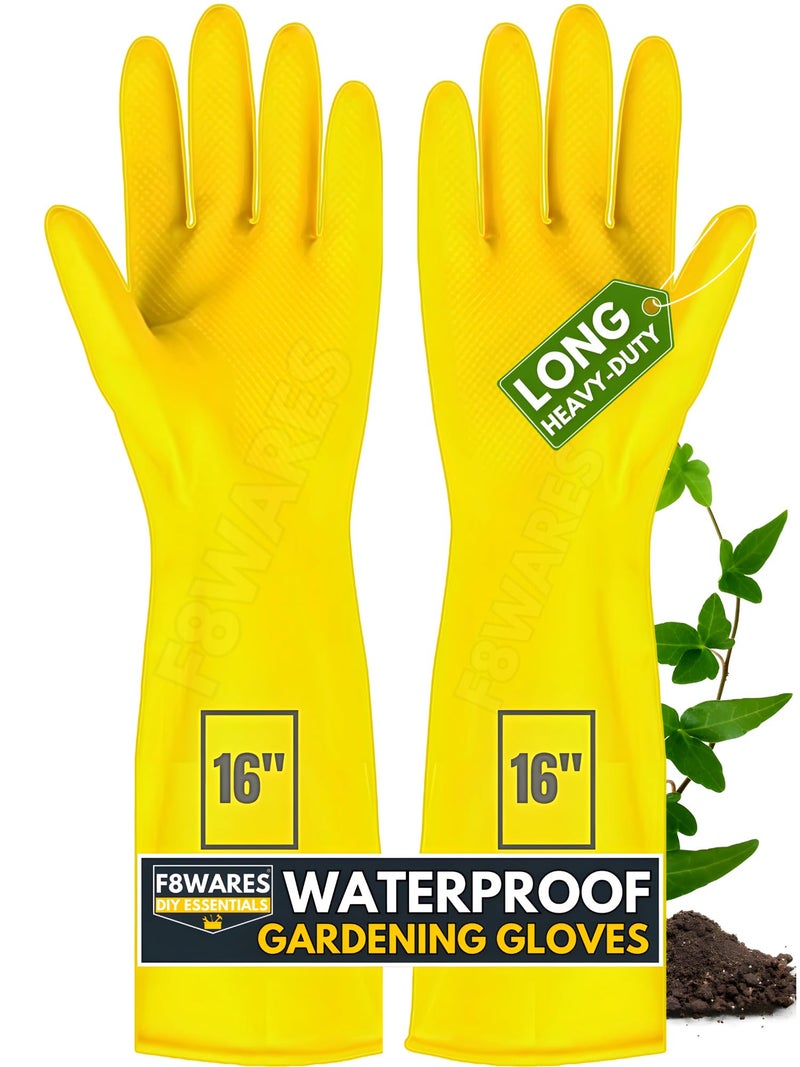 F8WARES 16 Inch Long, Thick and Heavy Duty Latex Rubber Gardening Gloves - Garden Gloves - Hand Gloves for Farming Work Holding Garden Tools Pack 1 Pair Yellow - Image 1