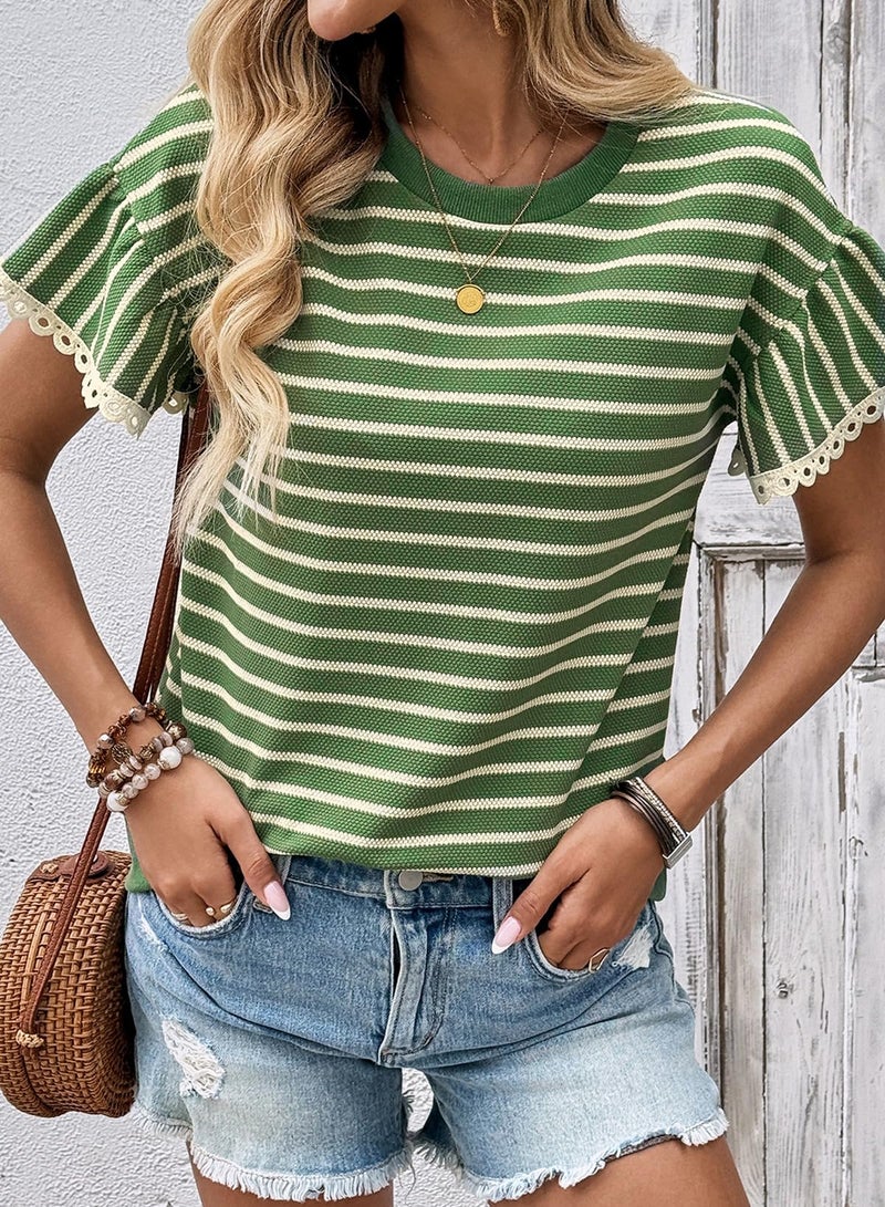 Shein SHEWIN Women Summer Tops Ruffle Short Sleeve Shirts Business Dressy Blouse Casual Fashion Trendy Sweaters Loose Fit Work 2026 Clothes Size XL, Beige and Green Stripe - Image 5