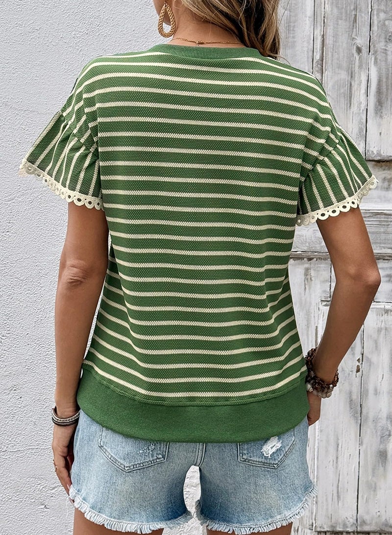 Shein SHEWIN Women Summer Tops Ruffle Short Sleeve Shirts Business Dressy Blouse Casual Fashion Trendy Sweaters Loose Fit Work 2026 Clothes Size XL, Beige and Green Stripe - Image 4