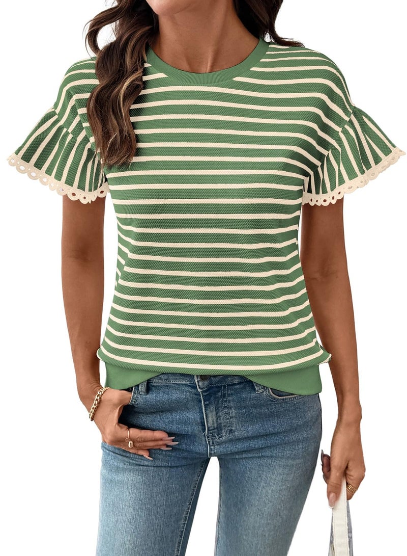 Shein SHEWIN Women Summer Tops Ruffle Short Sleeve Shirts Business Dressy Blouse Casual Fashion Trendy Sweaters Loose Fit Work 2026 Clothes Size XL, Beige and Green Stripe - Image 1