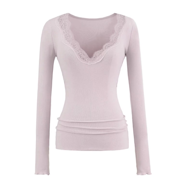 25590-V-Neck Lace Splicing Long-Sleeved T-Shirt for Women New Sexy Style Pure Color Slimming Look Bottoming Shirt - Image 3