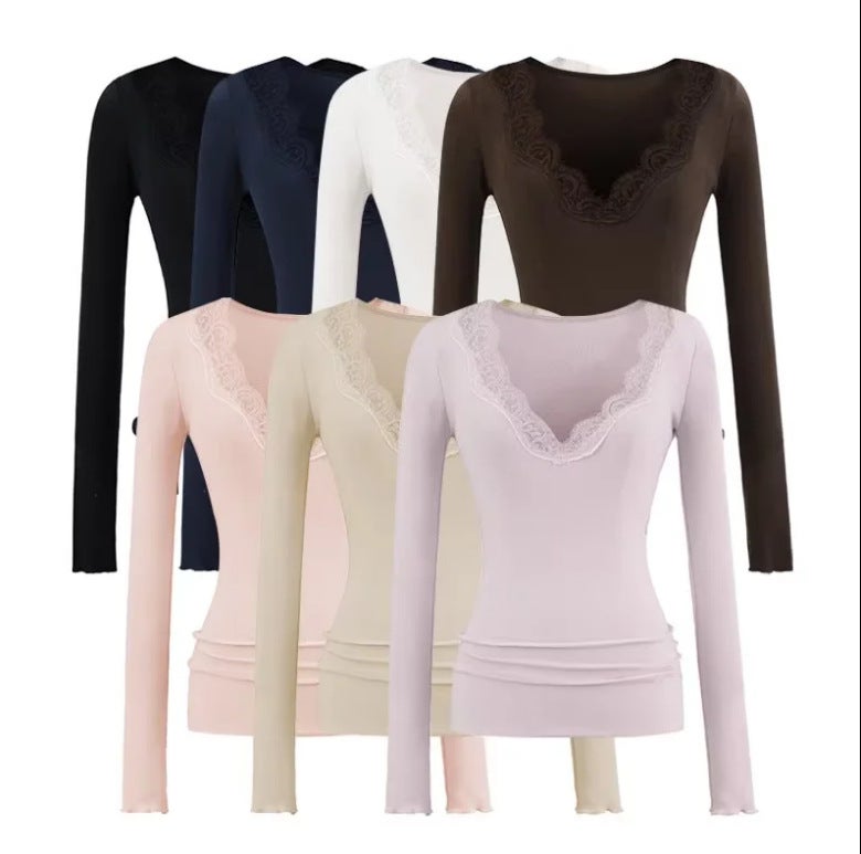 25590-V-Neck Lace Splicing Long-Sleeved T-Shirt for Women New Sexy Style Pure Color Slimming Look Bottoming Shirt - Image 2