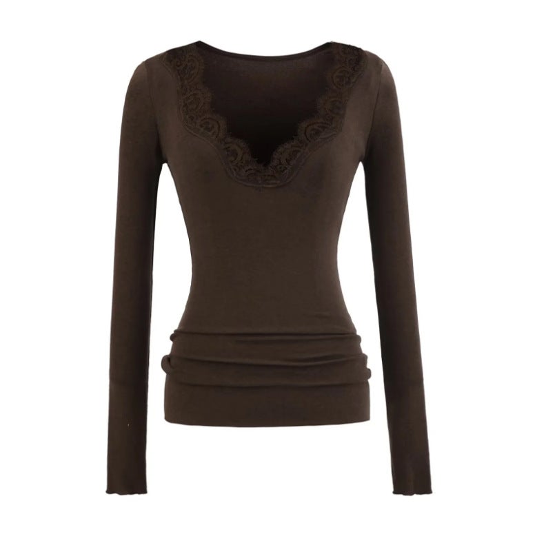 25590-V-Neck Lace Splicing Long-Sleeved T-Shirt for Women New Sexy Style Pure Color Slimming Look Bottoming Shirt - Image 4