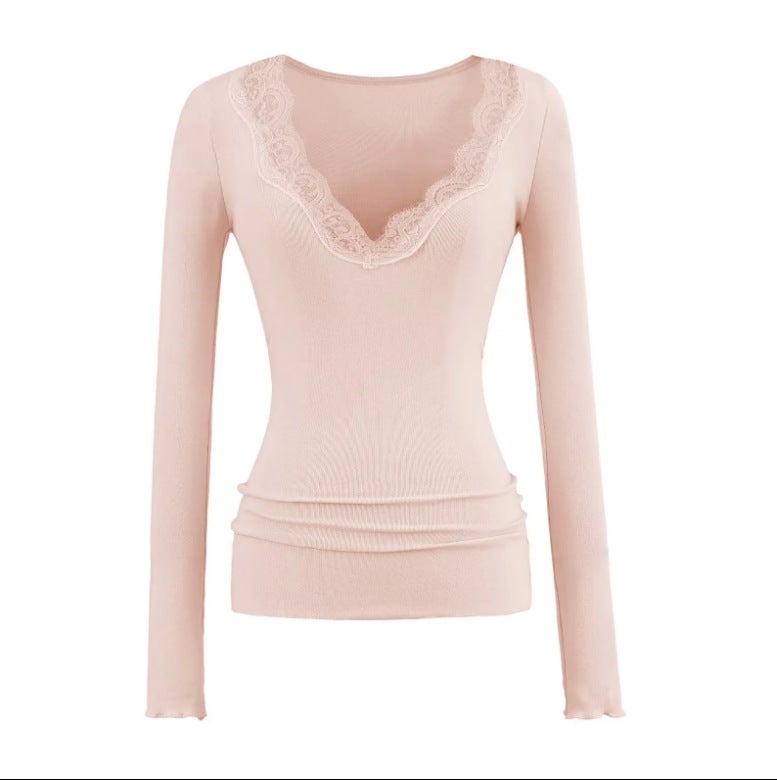 25590-V-Neck Lace Splicing Long-Sleeved T-Shirt for Women New Sexy Style Pure Color Slimming Look Bottoming Shirt - Image 1