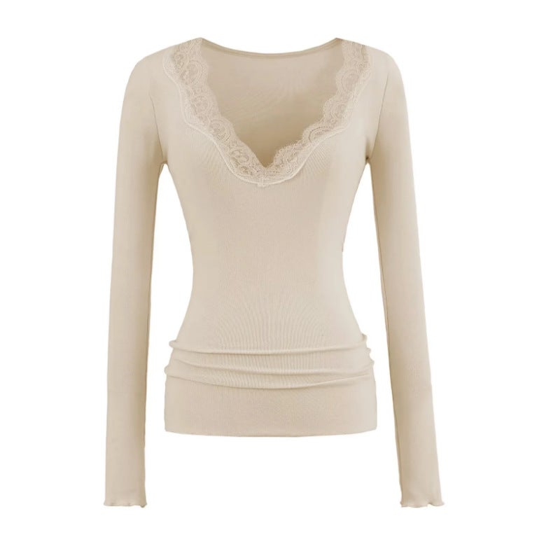 25590-V-Neck Lace Splicing Long-Sleeved T-Shirt for Women New Sexy Style Pure Color Slimming Look Bottoming Shirt - Image 5
