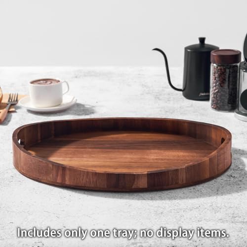 SARUFO Acacia Wood Round Ottoman Tray – Decorative Serving Tray with Handles for Coffee Table, Breakfast in Bed, Living Room, Kitchen Counter, Candle Display, Tea Party, Lunch, Dinner, Bathroom - Image 4
