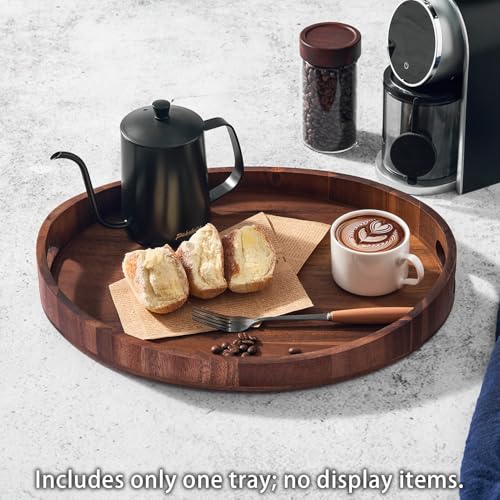 SARUFO Acacia Wood Round Ottoman Tray – Decorative Serving Tray with Handles for Coffee Table, Breakfast in Bed, Living Room, Kitchen Counter, Candle Display, Tea Party, Lunch, Dinner, Bathroom - Image 3
