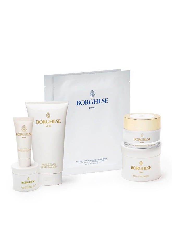 Borghese 7-Piece Skin Perfecting Gift Set - Includes Mud Mask, AHA BHA Overnight Mask, Night Face Cream, Hand Sheet Masks, Shower Gel, & Body Cream - Image 2