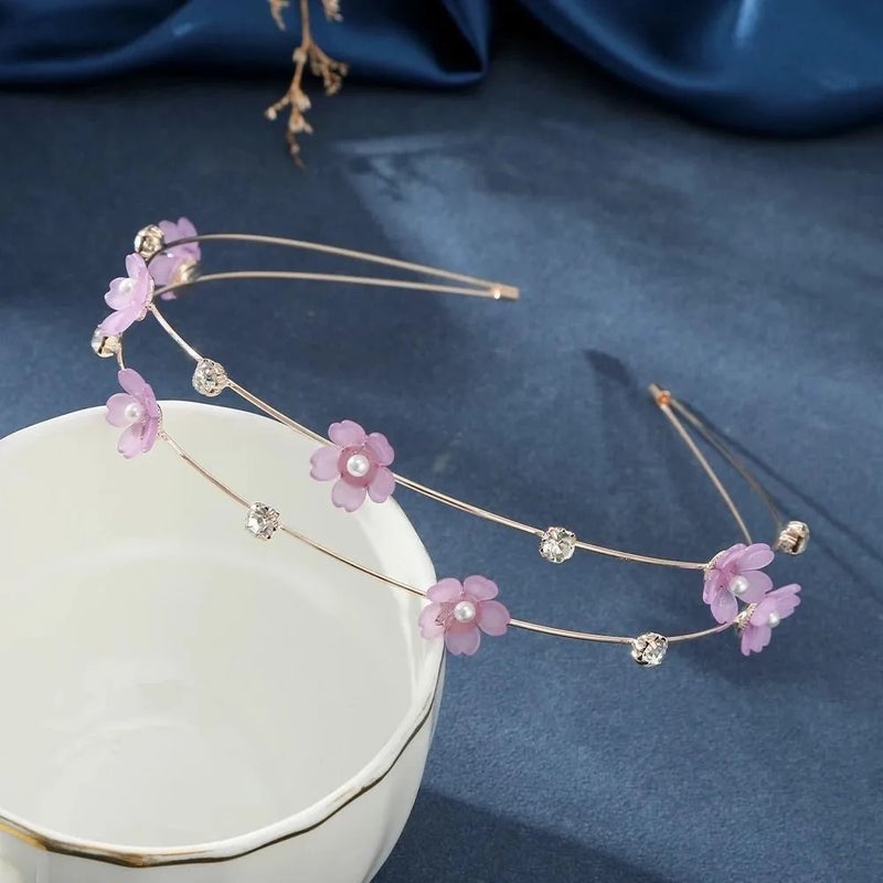 طوق رأس معدن ذهبي مرصع بالورود وفصوص الزيركون - بنفسجي - Image 2