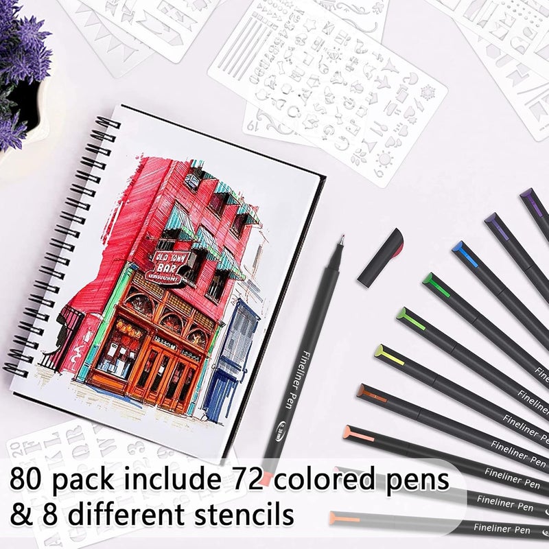 Tebik 80 Pack Planner Colored Pens, 72 Colors Drawing Pens with 8 Stencils, Fineliners for Journal Planner Note Calendar Writing Coloring, Drawing & Detailing School Office Art Supplies - Image 3
