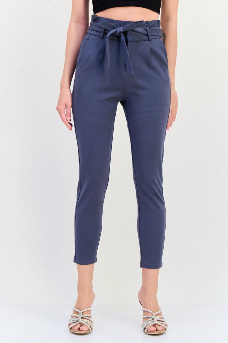 VERO MODA Women Regular Fit Solid Straight Leg 30 Inseam Belted Pants, Grey - Image 1