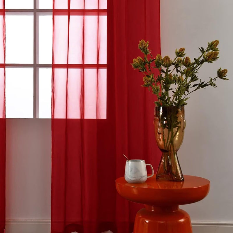 SpaceDresser Sheer Voile Window Treatment Rod Pocket Curtain Panels for Kitchen Bedroom Living Room Drapes Sunlight Filtering Privacy Semi Home Decor Assorted Colors Sizes (Christmas Red, 52 W x 84 L) - Image 2