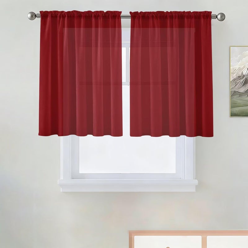 SpaceDresser Sheer Voile Window Treatment Rod Pocket Curtain Panels for Kitchen Bedroom Living Room Drapes Sunlight Filtering Privacy Semi Home Decor Assorted Colors Sizes (Christmas Red, 52 W x 84 L) - Image 1