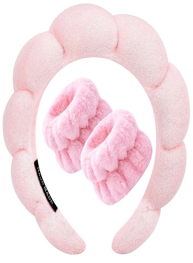 CARTSHOPPER Sponge Makeup Hairband And Wrist Washband Combo Set,Non Slip Skincare Hairband,Facial Skincare Headband Sunflower for Face Washing, Skincare, Shower, Makeup Removal (PINK, FREE SIZE) - Image 1