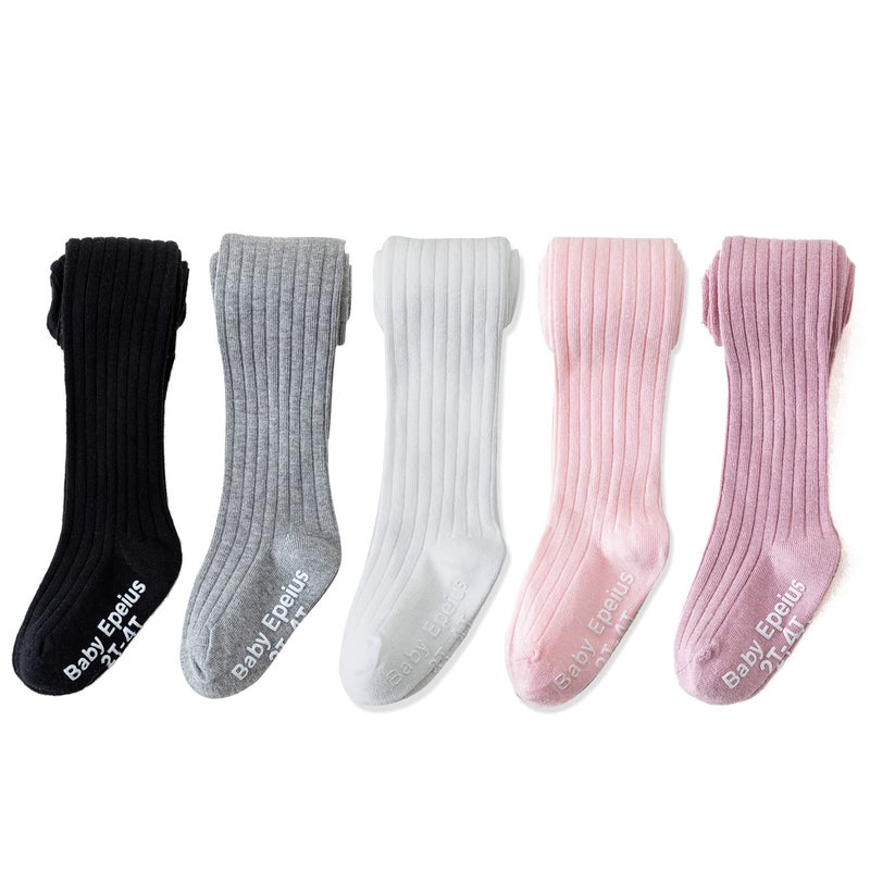EPEIUS Baby Tights Baby Girls NonSlip Ribbed Leggings Infants Girl Seamless Cotton Stockings Pantyhose Footed Tights 612 Months Black White Light Grey Pink 5 Pack S