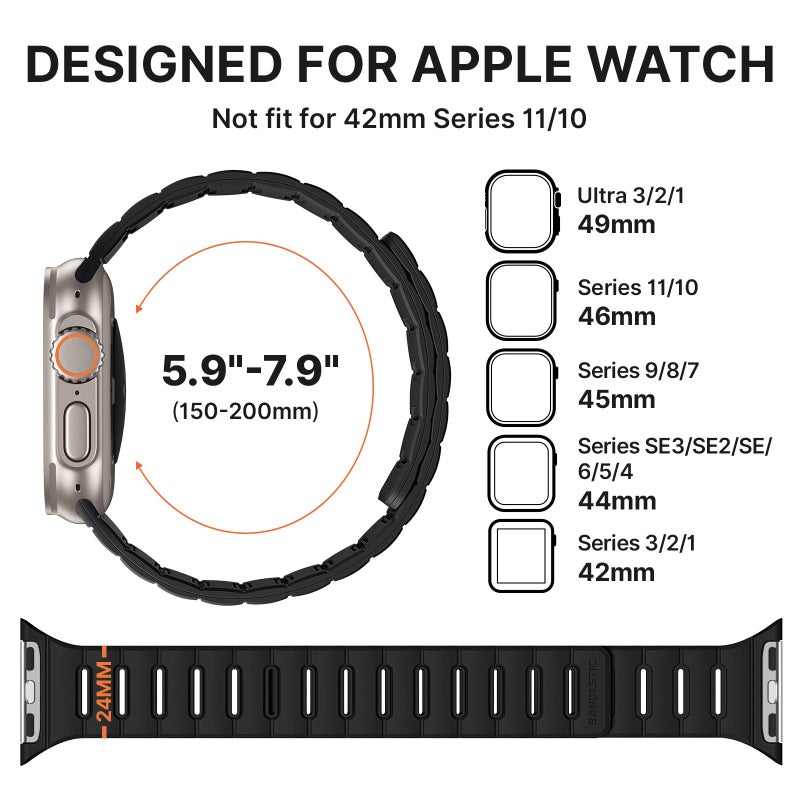 Bandletic Strong Magnetic Dual Sided Compatible with Apple Watch Ultra 3 2 1 Band 49mm for Men, Soft Strap for iWatch Series 11 10 (46mm), 9 8 7 (45mm),SE3 SE2 SE 6 5 4 (44mm), 3 2 1(42mm), Black - Image 3