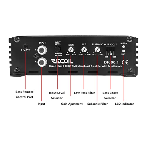 Recoil DI600.1 Class-D Car Audio Mono-Block Subwoofer Amplifier, 1200 Watts Max Power, 2/4 Ohm Stable, Mosfet Power Supply, Remote Bass Knob Included - Image 5