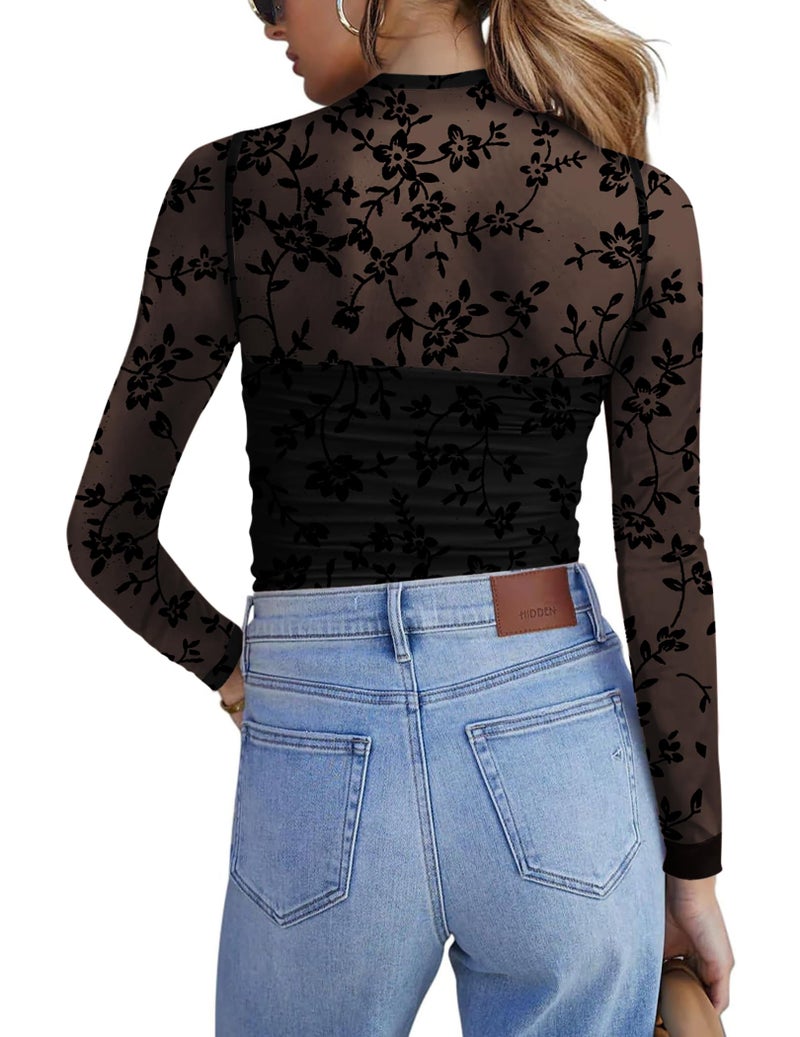 Zeagoo Womens Mesh Sheer Long Sleeve Top Mock Turtle Neck See Though Shirts Ruched Sexy Casual Going Out Blouses Black Floral - Image 3