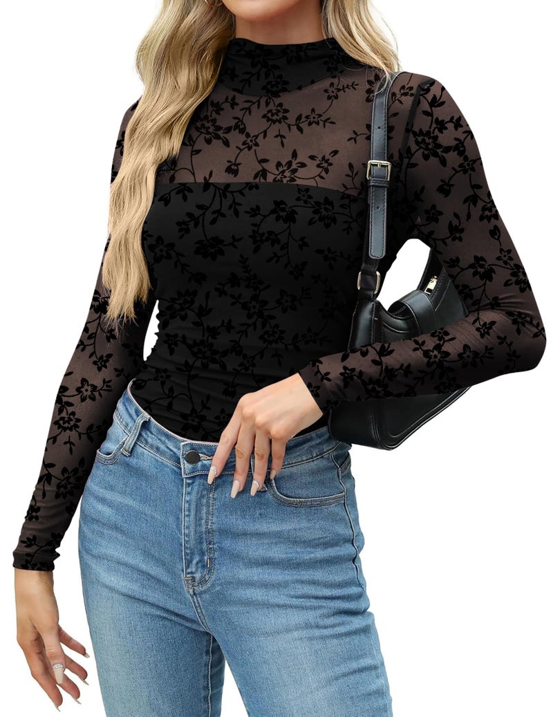 Zeagoo Womens Mesh Sheer Long Sleeve Top Mock Turtle Neck See Though Shirts Ruched Sexy Casual Going Out Blouses Black Floral - Image 2