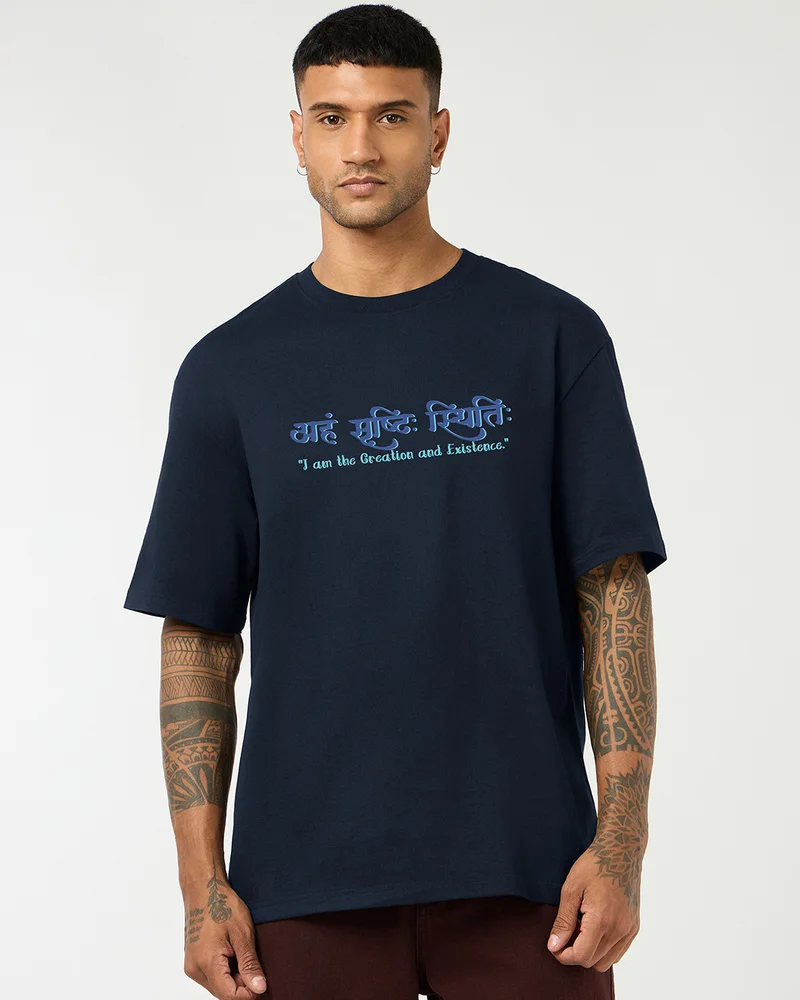 bewakoof Men's Navy Blue Creation And Existence Graphic Printed Oversized T-shirt