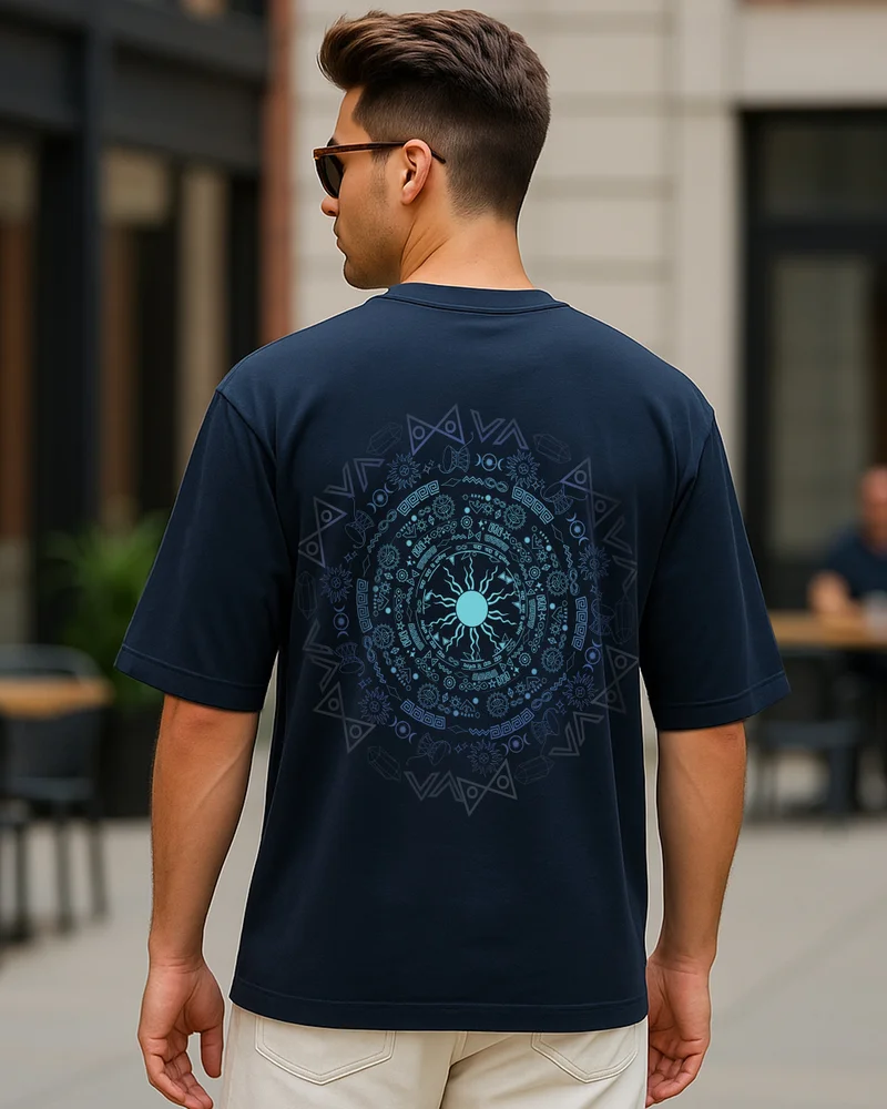 bewakoof Men's Navy Blue Creation And Existence Graphic Printed Oversized T-shirt