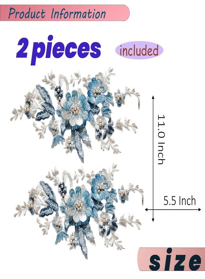 Silvora 2 PCS Flower Fabric Beaded Pearl Lace Applique, 3D Embroidered Patch for Dresses,Handmade Sewing Tool for DIY Neckline Bodice Pants(Blue) - Image 2