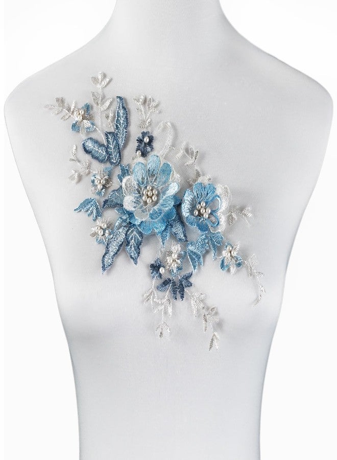 Silvora 2 PCS Flower Fabric Beaded Pearl Lace Applique, 3D Embroidered Patch for Dresses,Handmade Sewing Tool for DIY Neckline Bodice Pants(Blue) - Image 1