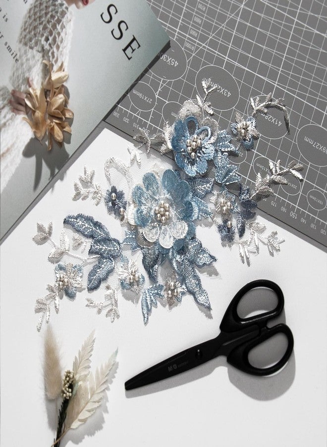 Silvora 2 PCS Flower Fabric Beaded Pearl Lace Applique, 3D Embroidered Patch for Dresses,Handmade Sewing Tool for DIY Neckline Bodice Pants(Blue) - Image 4