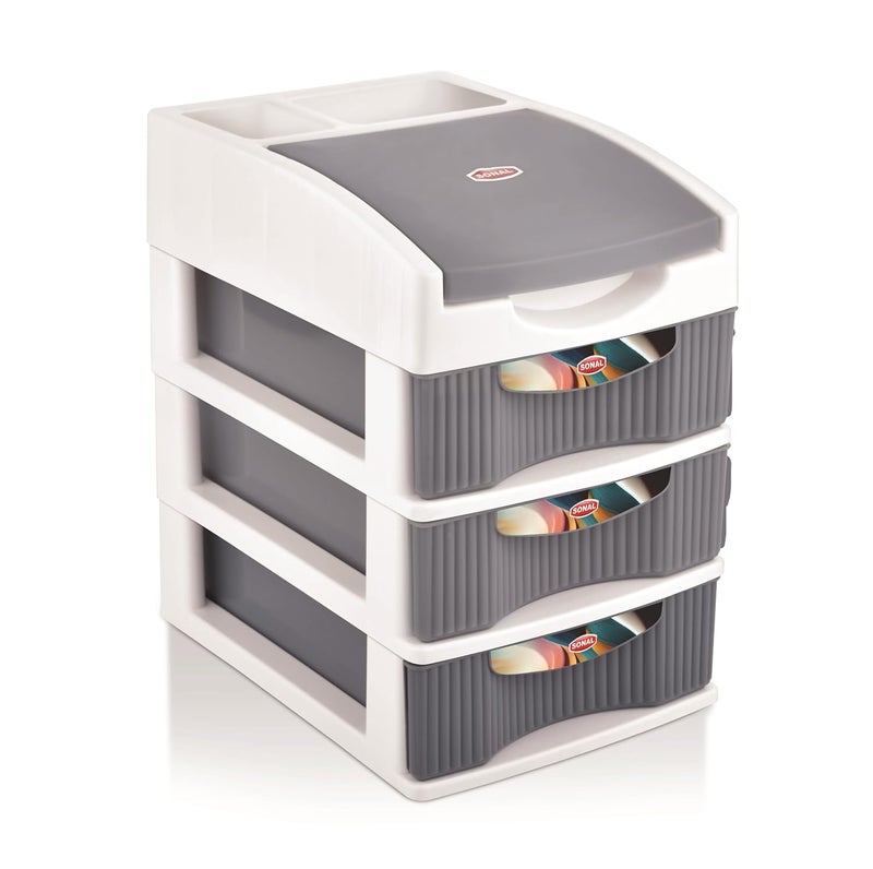SonalSPACIA 3 MINI Size Desktop Organizer Plastic Drawers Size25x23x17cmMultipurporse Free Standing Cabinet Drawer for Cosmetic Makeup Organizer Jewelery Office Supplies Grey Spacia 3 - Image 1