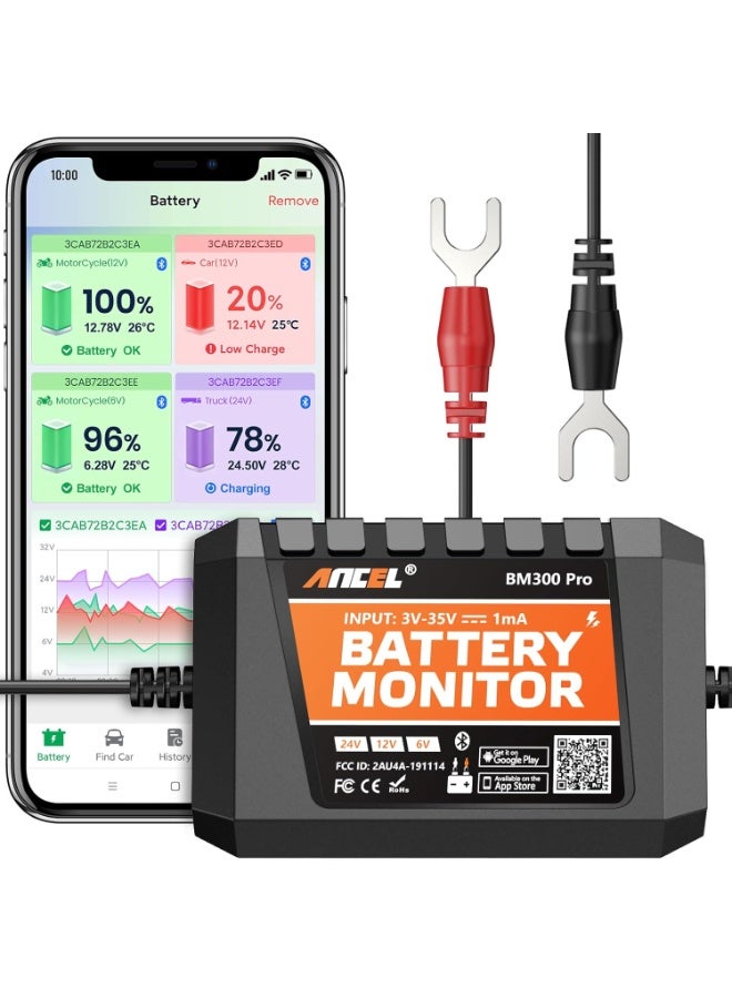 ANCEL BM300 Pro 6V 12V 24V Battery Monitor - Bluetooth 5.3 Battery Monitor with Charging, Cranking System Test & Alarm - IP67 Waterproof Voltmeter for Trucks, Cars, Motorcycles, Boats - Image 1
