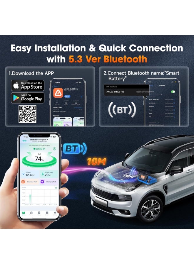 ANCEL BM300 Pro 6V 12V 24V Battery Monitor - Bluetooth 5.3 Battery Monitor with Charging, Cranking System Test & Alarm - IP67 Waterproof Voltmeter for Trucks, Cars, Motorcycles, Boats - Image 2