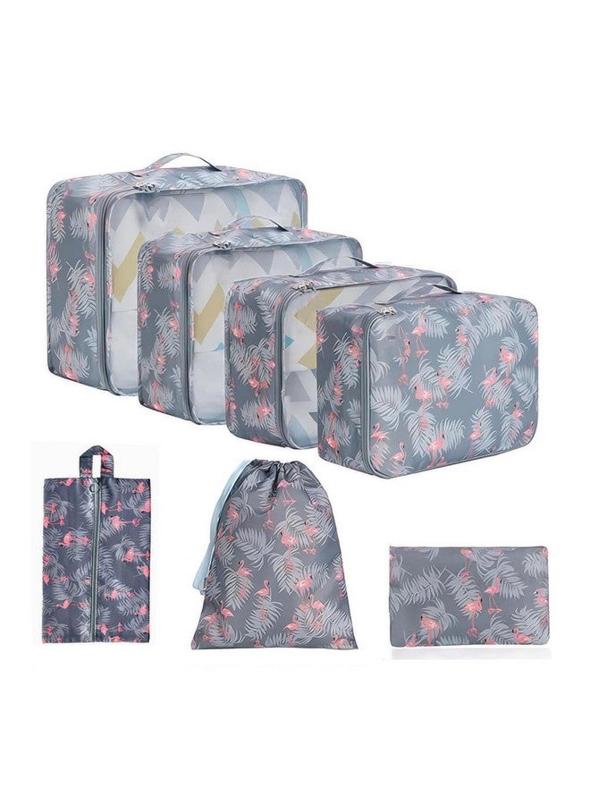STESHWK 7 Set Packing Cubes Luggage Organizers With Travel Packing Cubes Toiletry kit And Undergarment Laundry Cosmetics Pouch with Shoe Bag (Grey Flamingo) - Image 1
