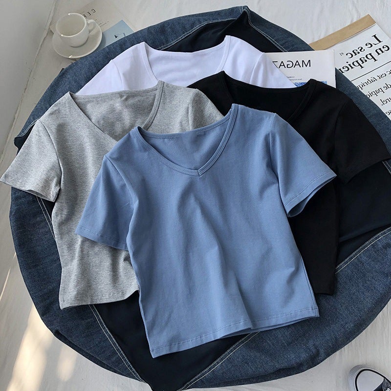 Ins Tight Short Sleeve V-Neck Solid Color Short T-Shirt Women'S 2025 Summer Slimming High Waist Navel Top Women'S - Image 2