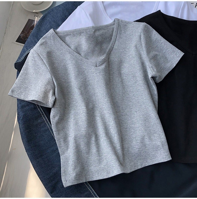 Ins Tight Short Sleeve V-Neck Solid Color Short T-Shirt Women'S 2025 Summer Slimming High Waist Navel Top Women'S - Image 1