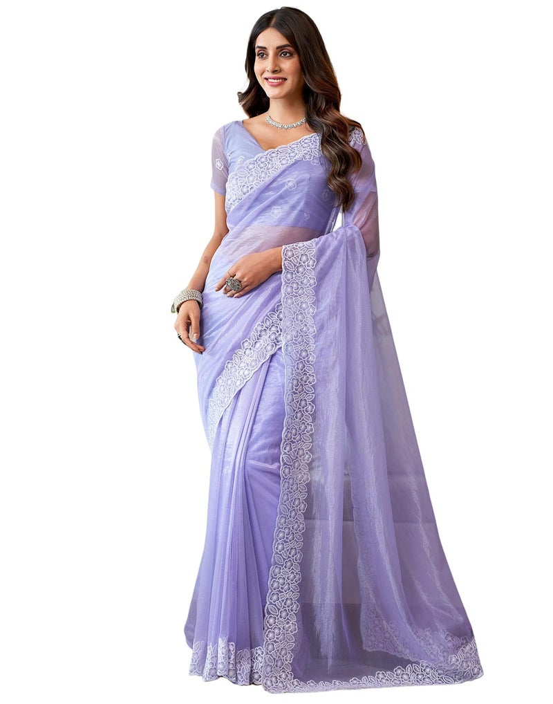 SIRIL Women's Organza Embroidery Saree With Unstitched Blouse Piece (3734S352_Lavender) - Image 1
